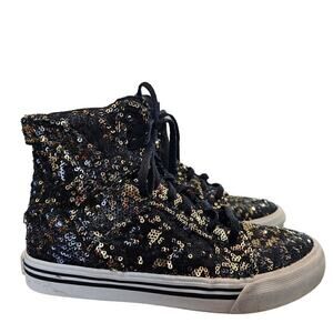 Supra Skytop Sneakers Girls Size 4 Black Gold Sequins Hi-Top Lace Up Sparkly